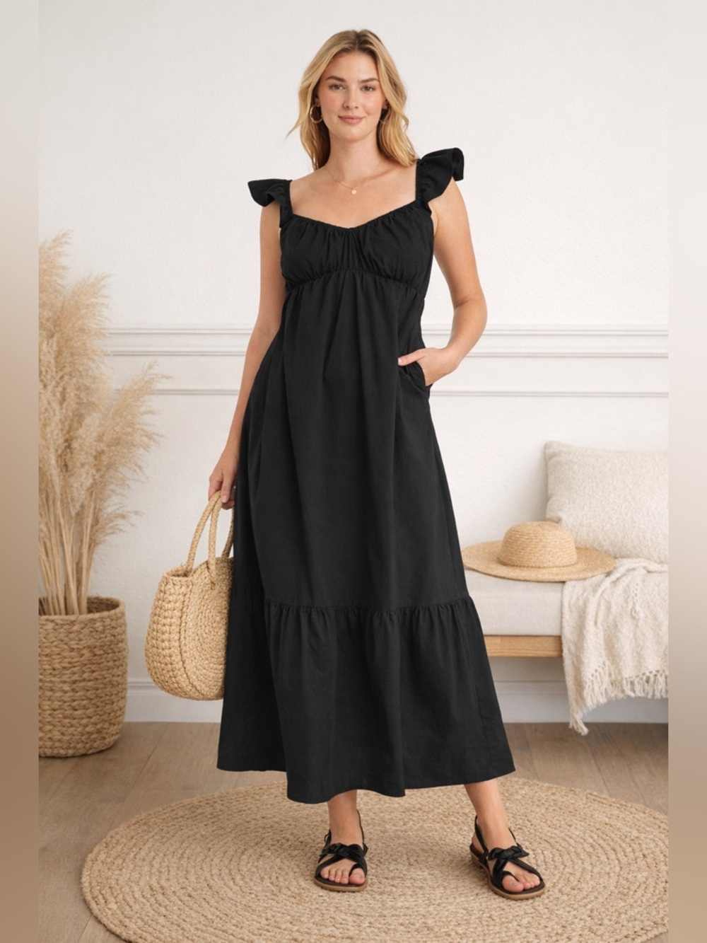 Universal Thread Cotton Black Maxi Dress M Flutter Cotton A-Line Pockets EUC